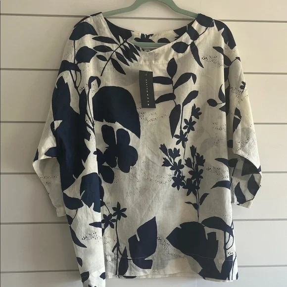 bryn Walker Navy and Cream Botanical Linen Cotton Oversized Blouse NWT - Picture 2 of 7
